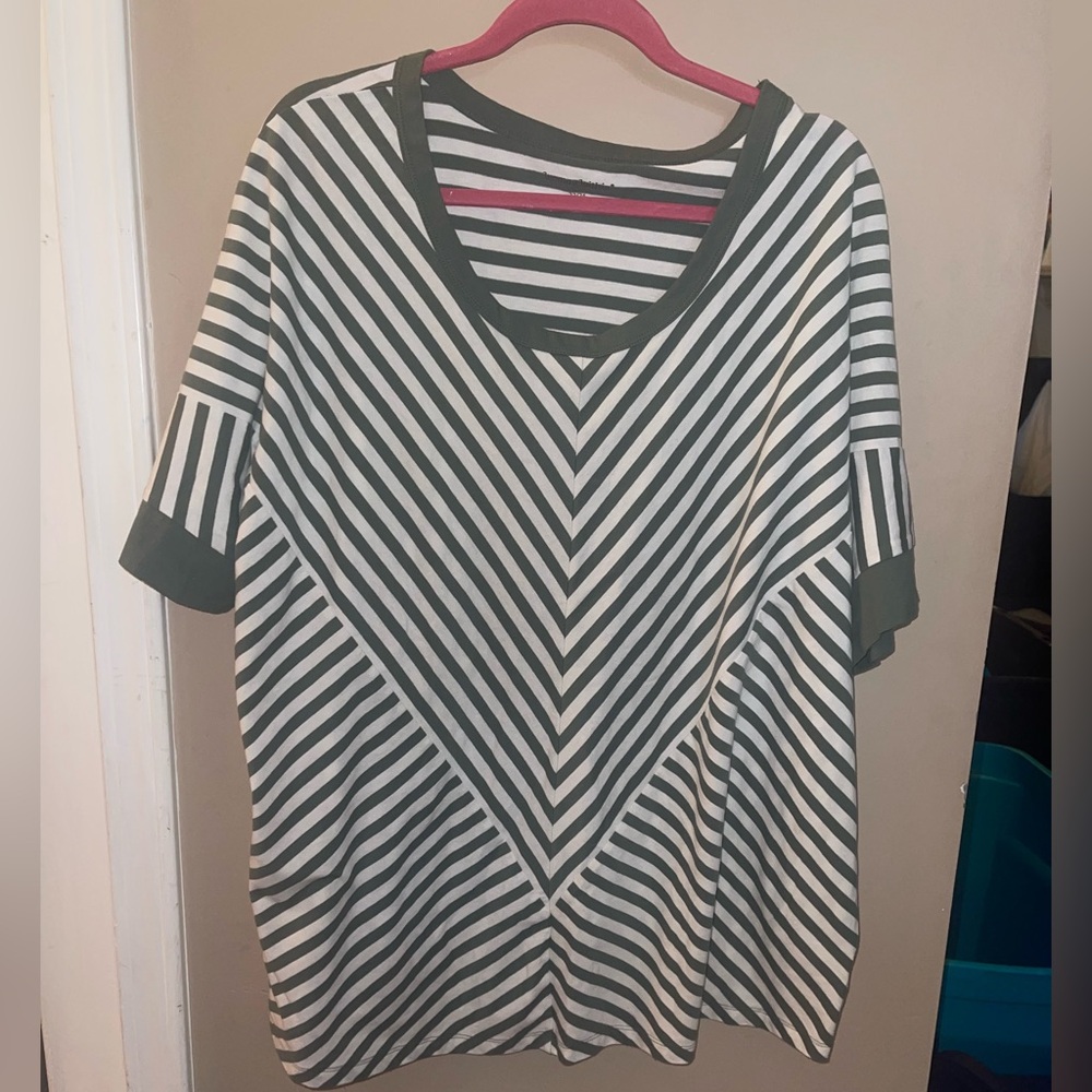 Woman Within Chevron Striped Green and White Tee top pullover size 1x 22/24